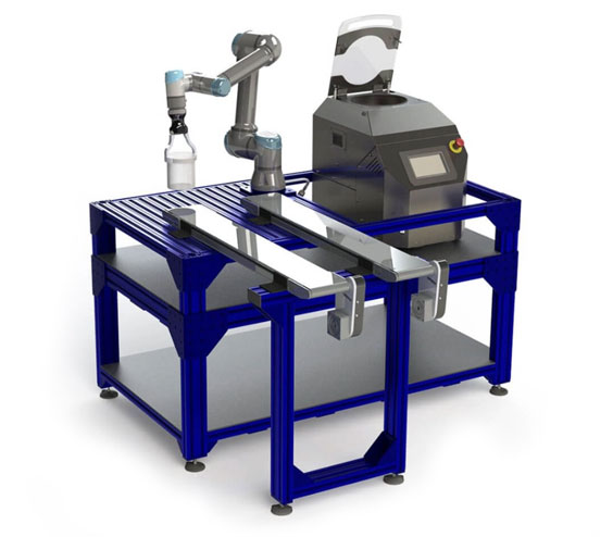 Specialty and Custom FlackTek Speedmixer with bottle atop robotic machine.
