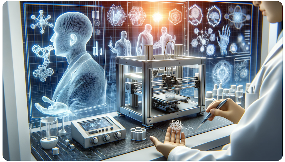Image showing scientists working with advanced 4D printing equipment in a high-tech lab environment.