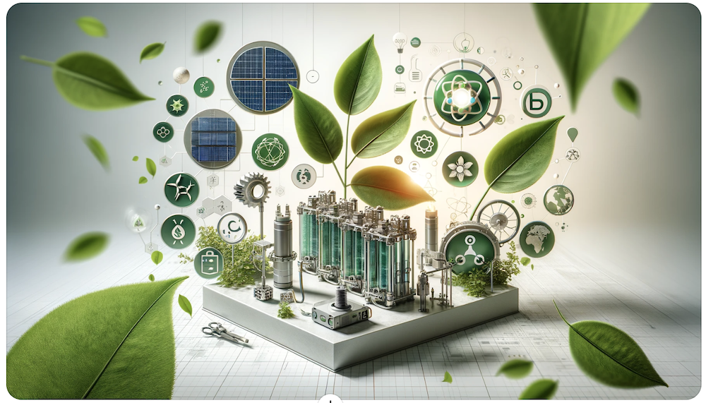 Image symbolizing clean energy and sustainability, featuring elements like green leaves, renewable energy symbols, and solid oxide fuel cell (SOFC) technology.